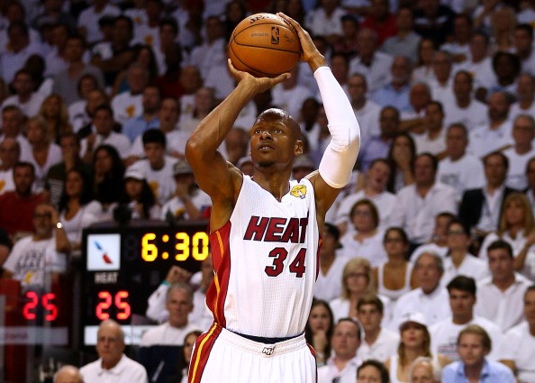 Ray Allen takes a jump shot during Game Four of the 2014 NBA Finals.