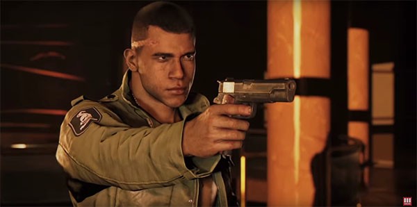 "Mafia 3" protagonist Lincoln Clay points his gun at his enemy in a confrontation.