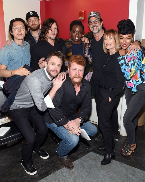 Steven Yeun, Ross Marquand, Norman Reedus, Chris Hardwick, Michael Cudlitz, Danai Gurira, Jeffrey Dean Morgan, Gale Ann Hurd and Sonequa Martin attend AMC presents 'The Walking Dead' at New York Comic Con at The Theater at Madison Square Garden on October