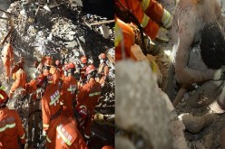 (L) Firefighters face a mountain of rubble as they search for bodies when residential buildings collapsed on Oct. 10, 2016, in Wenzhou, Zhejiang Province. (R) They found a breathing 6-year-old girl.