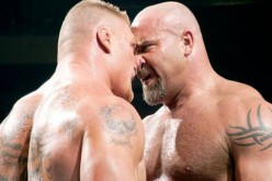 Brock Lesnar and Bill Goldberg are face to face during their match at WrestleMania XX.
