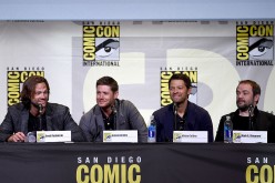 L-R) Actors Jared Padalecki, Jensen Ackles, Misha Collins, and Mark Sheppard attend the 'Supernatural' Special Video Presentation And Q&A during Comic-Con International 2016 at San Diego Convention Center on July 24, 2016 in San Diego, California. 