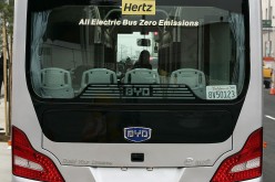A BYD Co. electric bus used by Hertz Corp. is parked at the company's North American headquarters in Los Angeles.