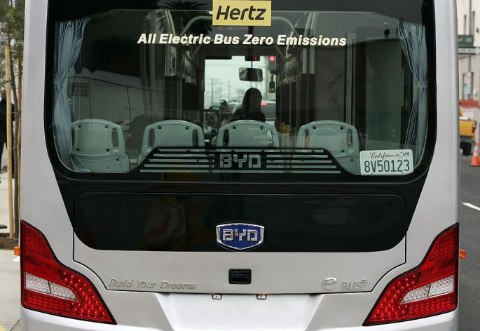 A BYD Co. electric bus used by Hertz Corp. is parked at the company's North American headquarters in Los Angeles.