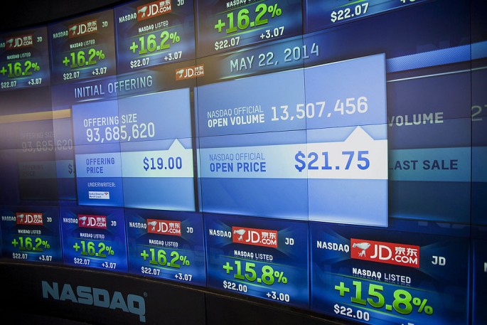 JD.com stocks are displayed on the monitor at the NASDAQ MarketSite in New York during its initial public offering in 2014.