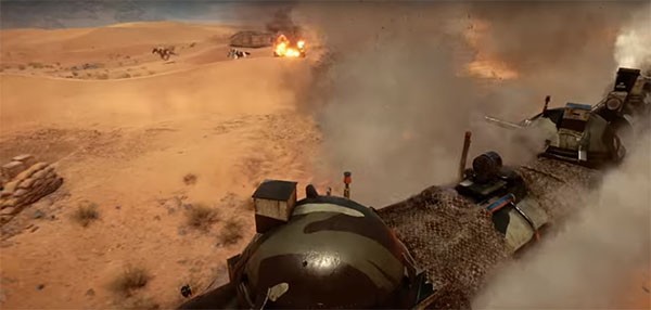A military train in "Battlefield 1" fires its turrets against several enemies.