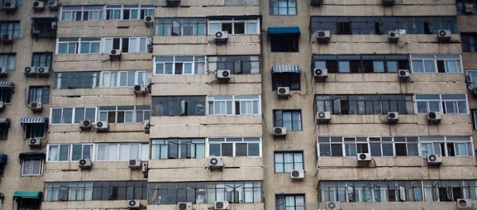 Rows of air conditioners.     