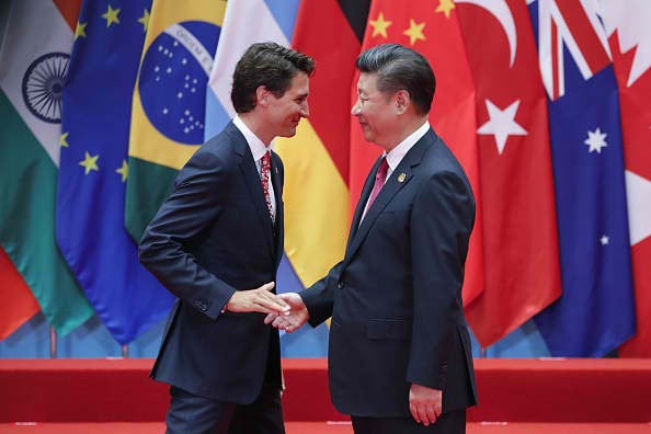 Canadian Prime Minister Justin Trudeau and Chinese President Xi Jingping meet at the G20 Summit.