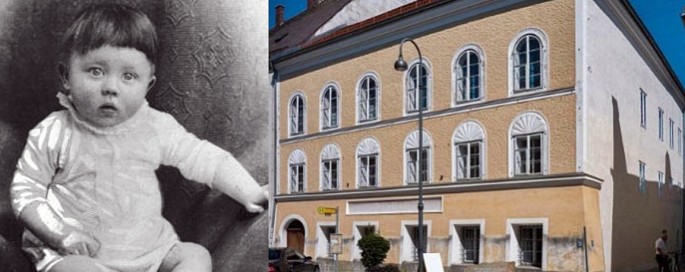 The baby, Adolf Hitler, and the house in Austria where he was born in 1899.  