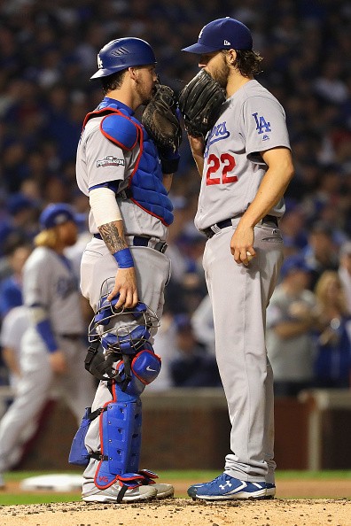 Yasmani Grandel and Clayton Kershaw Get on the Same Page in Between Pitches in Game Two of the NLCS.
