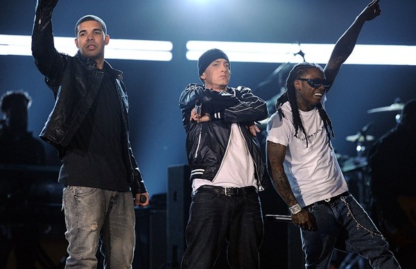Rappers Drake, Eminem, and Lil Wayne perform onstage during the 52nd Annual GRAMMY Awards held at Staples Center on January 31, 2010 in Los Angeles, California. 