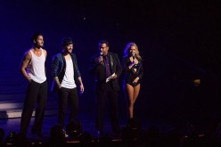 (L-R) Valentin Chmerkovskiy, Mark Ballas, Alfonso Ribeiro and Witney Carson speak to the audience during the Dancing With The Stars: Live! Tour at Turning Stone on December 28, 2014 in Verona, New York. 
