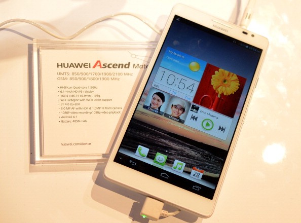 Huawei's Ascend Mate smartphone at the Huawei booh during the 2013 International CES at the Las Vegas Convention Center on January 10, 2013 in Las Vegas, Nevada.