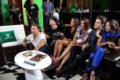 'The Vampire Diaries' actors Matthew Davis, Ian Somerhalder, TV personality Rocsi, actors Nina Dobrev, Paul Wesley and Kat Graham chat with fans over Skype for Xbox One in the Microsoft VIP Lounge during Comic-Con on July 26, 2014 in San Diego, California