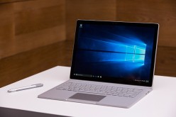 A new Microsoft Surface Book sits on display at a media event for new Microsoft products on October 6, 2015 in New York City.