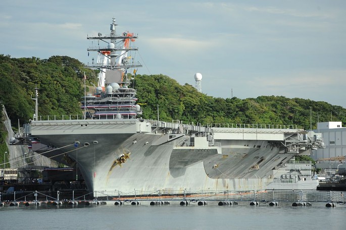 USS Ronald Reagan, a nuclear-powered aircraft carrier of the U.S., docks at the Yokosuka U.S. Naval Base in southern Tokyo.