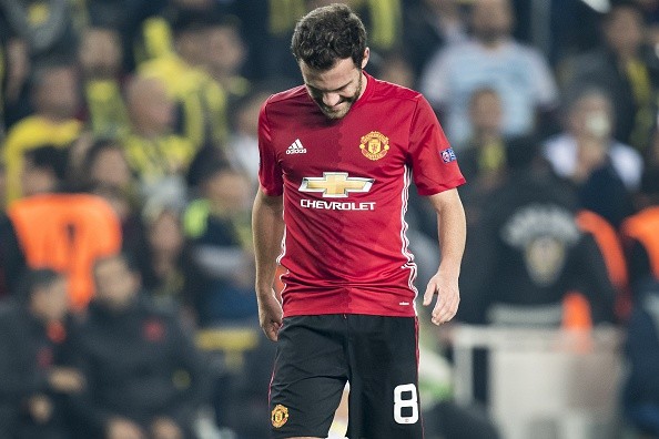 Juan Mata appears disconsolate after defeat tonight for United in their  Europa League game against Fenerbahce 