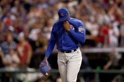 Aroldis Chapman reacts after Rajai Davis hit a two-run home run during the eighth inning to tie the game 6-6 in Game Seven of the 2016 World Series.