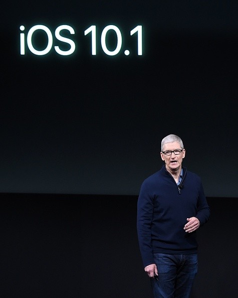 Apple CEO Tim Cook introduces the iOS 10.1 during a product launch event at Apple headquarters in Cupertino, California on October 27, 2016.