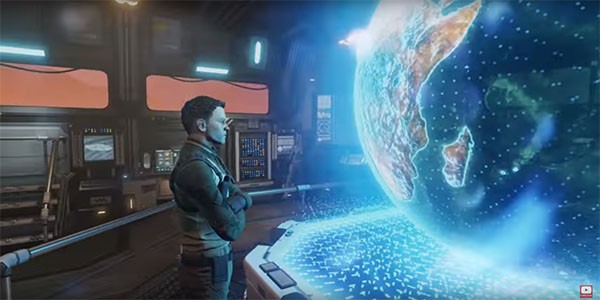 "XCOM 2" commander Bradford looks at the Holo-Globe to look for alien attacks happening right now.