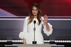 Melania Trump waves to the crowd after delivering a speech on the first day of the Republican National Convention on July 18, 2016 at the Quicken Loans Arena in Cleveland, Ohio.   