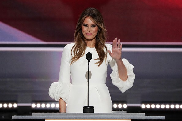 Melania Trump waves to the crowd after delivering a speech on the first day of the Republican National Convention on July 18, 2016 at the Quicken Loans Arena in Cleveland, Ohio.   