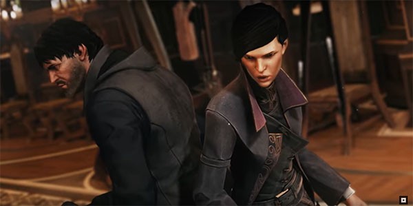 "Dishonored 2" main protagonists Corvo and Emily fight side by side against the enemies in front of them.