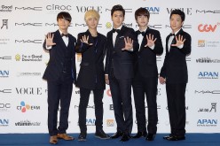 Super Junior arrives for APAN Star Road during the 17th Busan International Film Festival (BIFF) at the Haeundae beach on October 5, 2012 in Busan, South Korea. 
