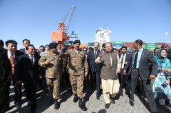 Pakistan Prime Minister Nawaz Sharif and Pakistan Army chief General Raheel Sharif attend the opening ceremony of a pilot trade project  in Gwadar port.