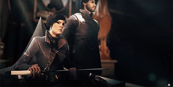 "Dishonored 2" main protagonist Empress Emily sits on the throne while her father Corvo stands by her side.