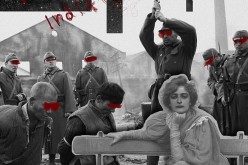 Black and white and hints of red: This altered wartime photo shows a glimpse of what transpired during the Nanjing Massacre in the late ‘30s in China. It appears at the back of a hoodie.