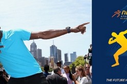 (L) Usain Bolt attends the launch of Nitro Athletics in Melbourne, Australia, on Nov. 4, 2016, and strikes a pose similar to the one in the event’s poster (R). 
