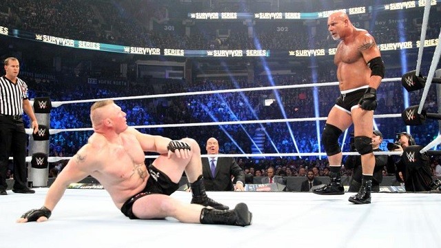 Bill Goldberg stares down Brock Lesnar during their match at Survivor Series.