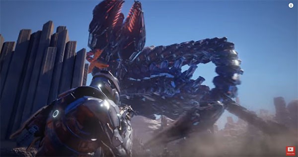A player fights against a large enemy in a big boss battle in "Mass Effect: Andromeda."
