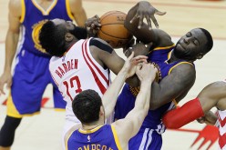 Draymond Green accidentally kicks James Harden in the head in the Golden State Warriors' 127-135 loss to the Houston Rockets Thursday night.