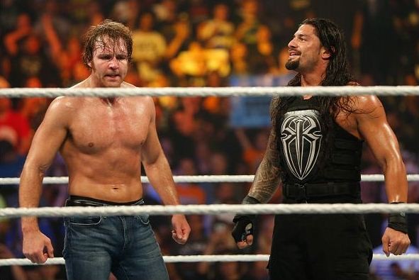Dean Ambrose and Roman Reigns celebrate their victory at the WWE SummerSlam 2015 at Barclays Center of Brooklyn on August 23, 2015 in New York City. 