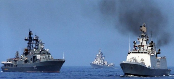 INS Shivalik , INS Ranvijay and RFS Admiral Vinogradov perform naval maneuvers near Vladivostok during Exercise INDRA 2014.         