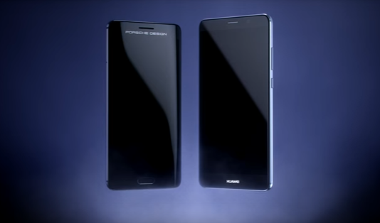 Two Huawei Mate 9 smartphones are displayed to showcase its wide screen-display.