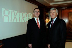Aixtron CEO Paul Hyland and CFO Wolfgang Breme at the Aixtron AG headquarters during a press conference.