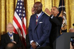 President Barack Obama awards the Presidential Medal of Freedom to National Basketball Association Hall of Fame member and legendary athlete Michael Jordan during a ceremony in the East Room of the White House November 22, 2016 in Washington, DC. 