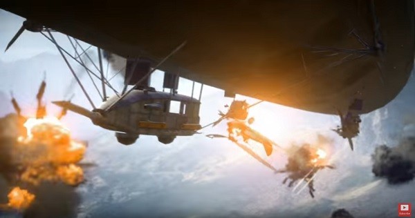 An enemy zeppelin destroys several airplanes in "Battlefield 1."