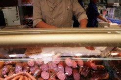 Hams and Sausages at a German meat products stand.