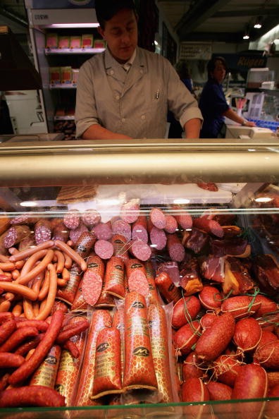Hams and Sausages at a German meat products stand.