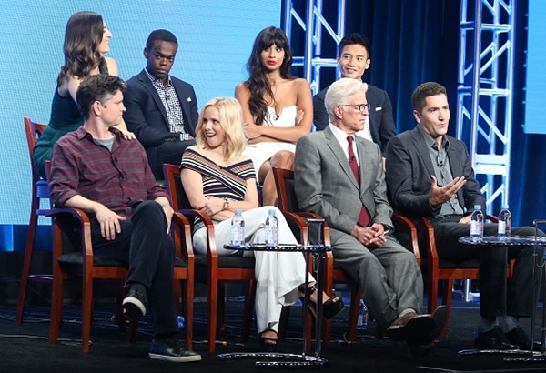 D'Arcy Carden, William Jackson Harper, Jameela Jamil, Manny Jacinto, Michael Schur, Kristen Bell, Ted Danson and Drew Goddard attend 'The Good Place' panel discussion.