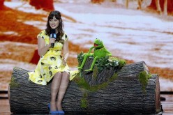 'New Girl' star Zooey Deschanel and Kermit the Frog speak onstage at WE Day California 2016 at The Forum on April 7, 2016 in Inglewood, California. 