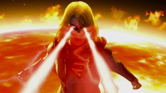 Supergirl displaying her special ability Heat Wave to deliver her Asteroid Shower. 