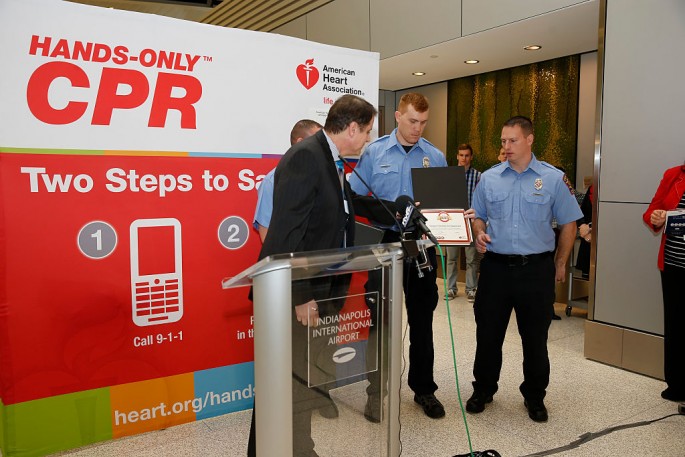 The American Heart Association and Anthem Blue Cross and Blue Shield in Indiana unveil hands-only CPR Training Kiosk at Indianapolis International Airport.