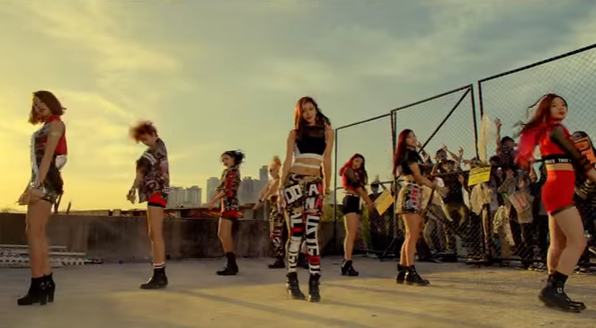 K-Pop girl group TWICE performs in the music video for their song "Like Ooh-Ahh."
