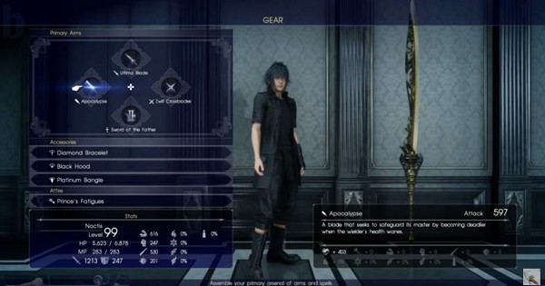 A player shows "Final Fantasy XV" main protagonist Noctis's ultimate weapons like the Ultima Blade.