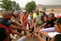 Volunteers train during a community camp at the new Mamohato Children's Centre on October 17, 2015 in Maseru, Lesotho.